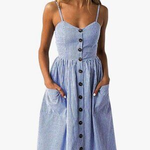 ANGASHION Women's Spaghetti Strap Blue White Striped Button Down Midi | Large